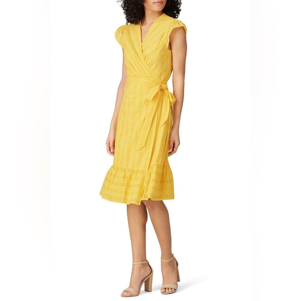 YELLOW FLUTTER SLEEVE WRAP DRESS TEXTURED